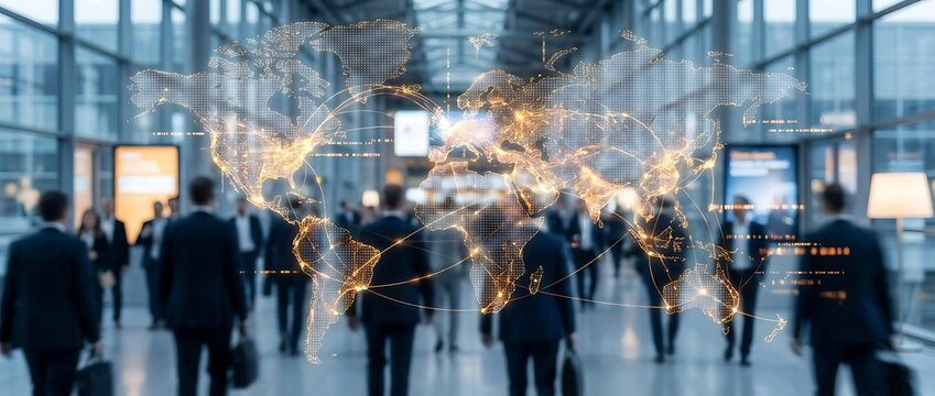 Global connections network on world map with diverse business people walking in modern airport lobby illustrating international business travel and networking opportunities