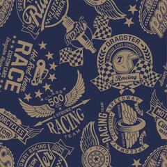 Fototapeta na wymiar Speedway racing team labels badges patchwork wallpaper vintage vector seamless pattern for boy man sportswear t shirt fabric sweatshirt 