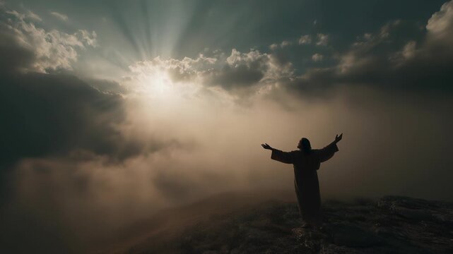 Dramatic sunrise scene with a silhouetted figure on a mountain, radiant light breaking through clouds, evoking hope, faith, and spiritual renewal for Easter themes