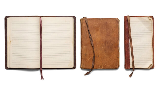 antique stationery collection on a transparent background: an open lined journal, a closed, textured leather-bound book, and a small ruled notebook, viewed from above.