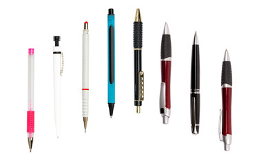 Clean arrangement of diverse writing instruments standing upright on a transparent background for office and learning. © AbdulWaheed