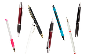Fototapeta premium A dynamic and colorful photograph of various writing pens scattered creatively on a transparent background.