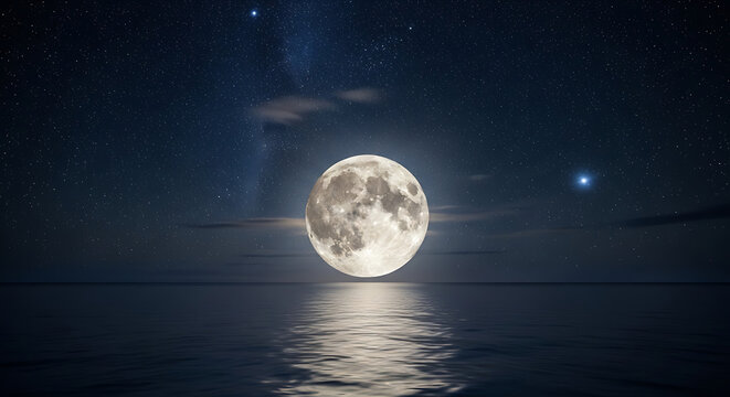 Full moon rising over a calm ocean reflecting moonlight under a starry night sky