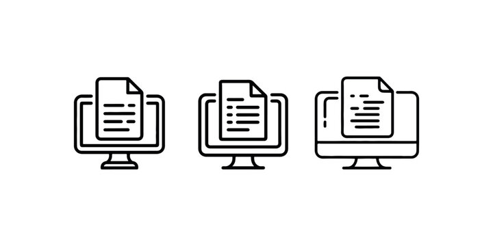 Digital document preview on computer monitor screen icon set displaying different file formats and online reading interfaces for business presentations