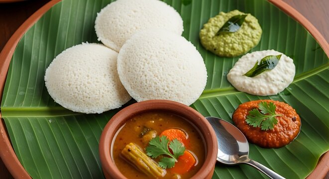 Traditional South Indian Breakfast on Banana Leaf.