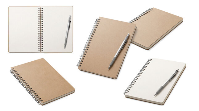 compilation of five spiral notebooks with pens, presented on a transparent background for versatile design applications.