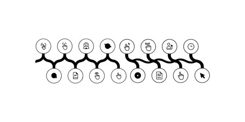 Fototapeta premium Timeline infographic with various icons representing different events or processes in a sequential flow on a white background