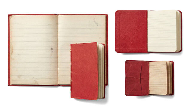 a transparent png image featuring a curated assortment of red notebooks and loose writing paper, showcasing an open journal, a closed notebook, and other paper items on a clean backdrop.