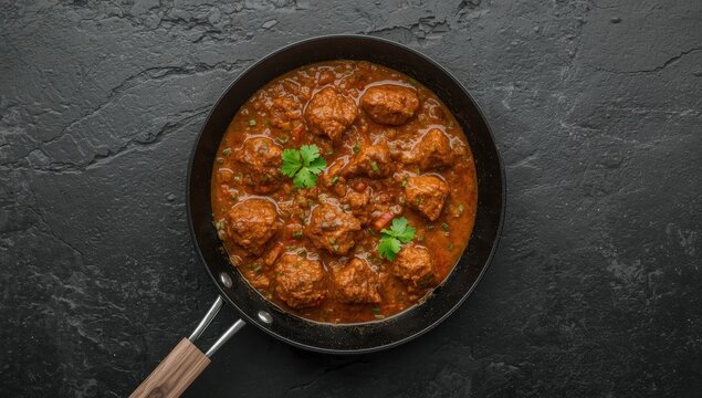 Keema curry in skillet on dark stone surface. Indian-Pakistani dish. Bird's-eye view