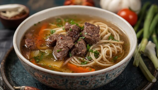 Lamb lagman soup with fresh noodles and veggies. Cuisine from Central Asia