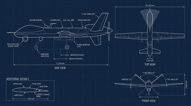 Technical blueprint schematic of military reconnaissance drone UAV with front side and top orthographic views showing sensor turret weapons stations and V-tail on deep blue grid background.
