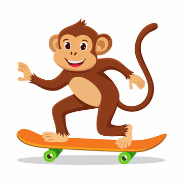 Cute cartoon monkey character riding on a skateboard isolated on white background