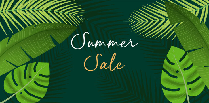 Vibrant summer sale banner with green tropical leaves background,
