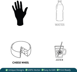 Fototapeta premium Minimal vector icon set featuring a hand silhouette, plastic water bottle, cheese wheel slice, and juice glass with straw and lemon. Clean line art illustrations perfect for food menus, beverage label