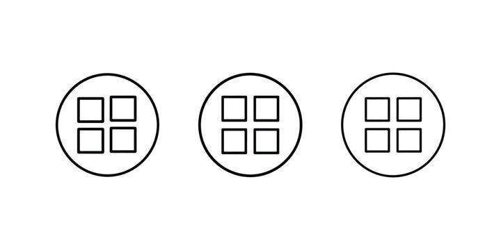 Grid menu button icon set featuring four squares inside circular frames representing application layout dashboard navigation and software interface settings