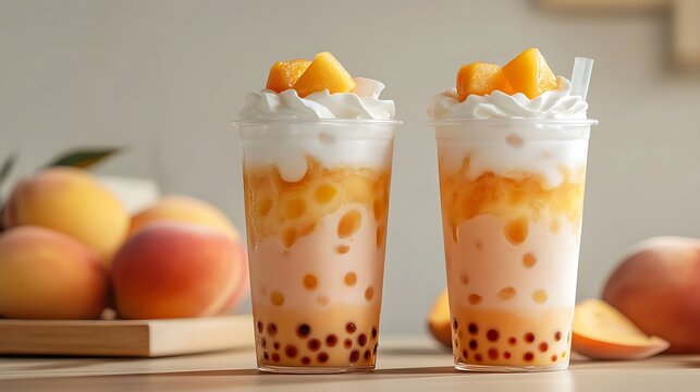 Two peach boba drinks side by side, one with whipped cream and the other with jelly cubes, in clear cups with visible layers