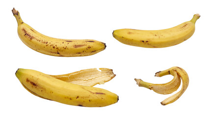Ripe yellow bananas and their peels, isolated on transparent background, illustrating healthy eating and food waste.