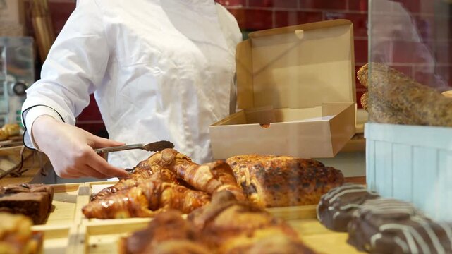 Female baker wearing a white uniform carefully placing freshly baked pastries into a cardboard box for a customer, working behind the counter of a cozy, modern pastry shop with a glass display