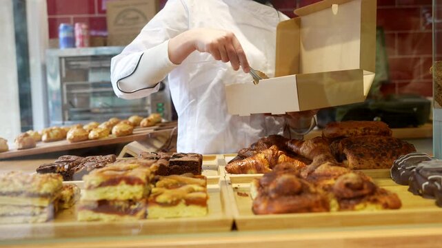 Baker's hands using tongs to pick up freshly baked pastries from a shop display and carefully placing them into a cardboard take away box for a customer in a sweet confectionary store