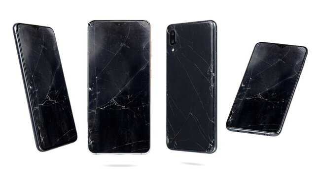 photograph of various broken smartphones with shattered black screens, isolated against a transparent background, showcasing the extent of device damage and the concept of repair.