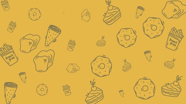 Whimsical hand-drawn food doodles forming a playful seamless pattern background, perfect for snack bar menus, bakery promotions, or fun culinary-themed designs