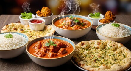 Fototapeta premium Delicious Indian Food Spread with Chicken Curry Rice and Naan