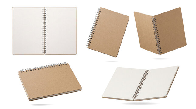 a close-up view of an open spiral notebook with blank white pages and a kraft paper cover against a stark transparent background.