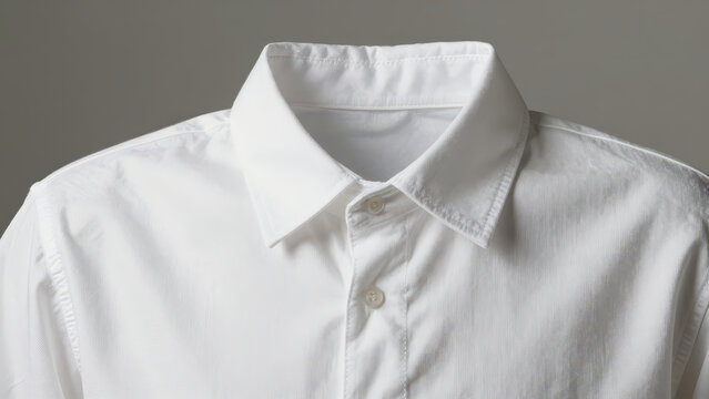 Close-up of a Crisp White Dress Shirt Collar and Buttons Against Neutral Gray Background, Minimalist Fashion Apparel Detail Shot