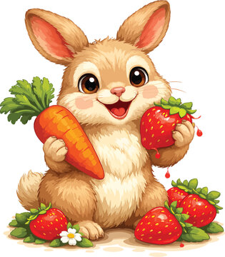 Cute Bunny Eating Strawberry and Carrot &ndash; Adorable Rabbit Cartoon Character, Kawaii Woodland Animal Mascot, Kids Sticker Style Vector Illustration Isolated on White Background