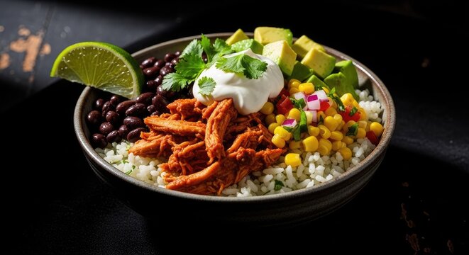 Delicous Chicken Burrito Bowl with Rice Black Beans Corn Avocado and Sour Cream