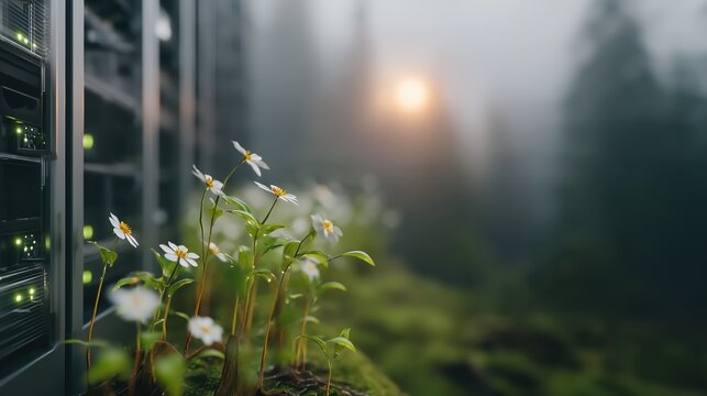 Server racks beside white forest flowers