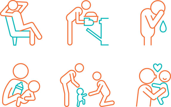 Six illustrations depicting various caregiving and comforting activities between people