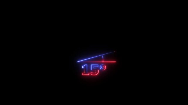 Abstract glowing neon Angle 15 degrees Geometry and mathematics symbol. Measure rotation animation with dark background.