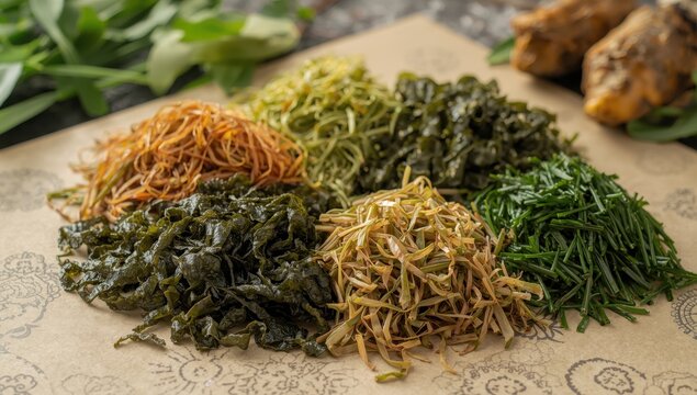 Different seaweeds and algae salad: dried nori, kombu, wakame. Japanese heritage. Rich in minerals and micronutrients
