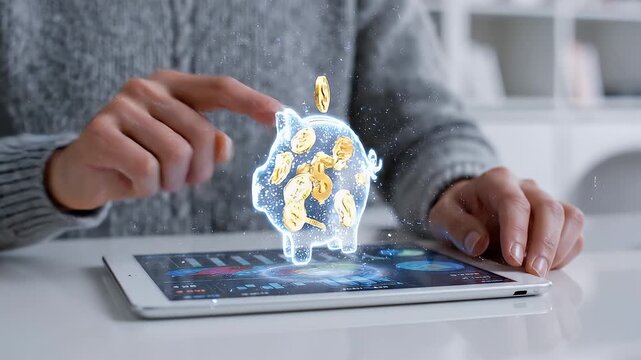 Digital banking and financial services with interactive piggy bank icon over a tablet device, representing savings and investment growth and modern technology for wealth management