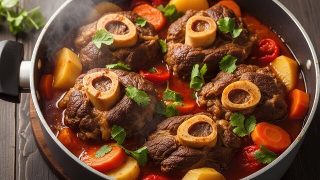 Delicious osso buco braised dish with vegetables in a cooking pot