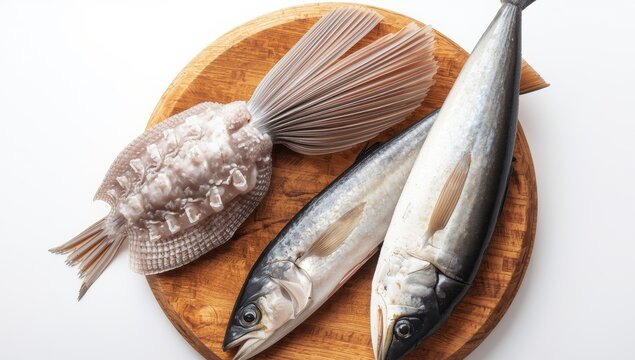 Cuttlefish, hairyhead, raw silver varieties, barracuda, swordfish, Sabah, common Mediterranean fish, white backdrop, overhead perspective, background image