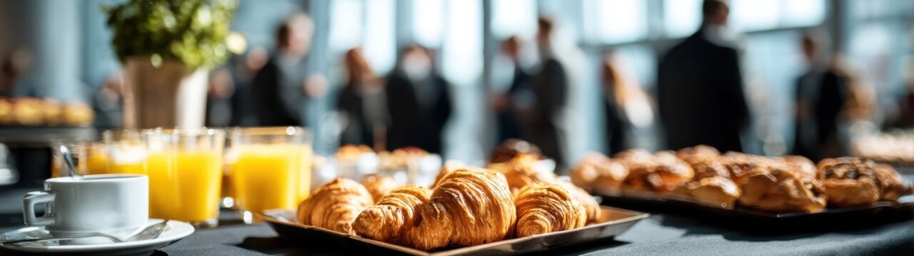 Kaffeepause bei einer Gesch&auml;ftskonferenz: Frische Croissants, Kaffee und Orangensaft im Vordergrund, unscharfe Gesch&auml;ftsleute beim Networking im Hintergrund.