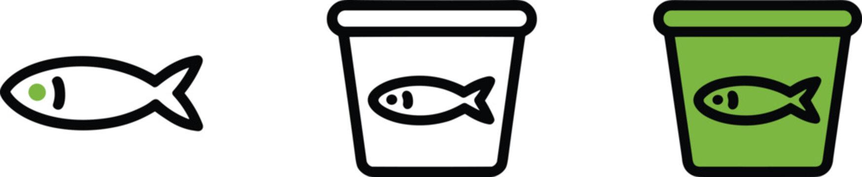 Fish Food Icons: Single Fish Container with Fish Symbol Green Container with Fish Symbol