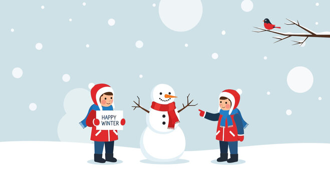 Children Building Snowman, Happy Winter Scene with Snowfall and Bird