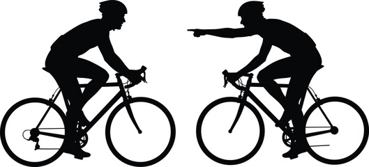 Two Road Cyclists Riding Bicycles Silhouette One Pointing Direction While Racing Against White Background Concept of Sport Competition and Teamwork