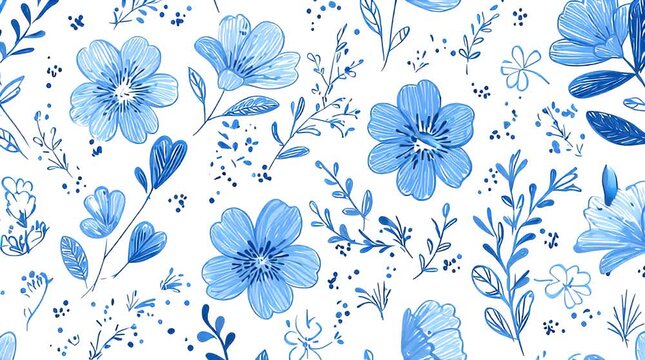 Blue Floral Pattern on White Background.
