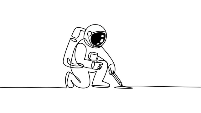 Astronaut kneeling with pickaxe on white background space line art illustration