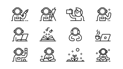 Fototapeta premium Astronaut icons set line style space illustrations vector white background minimalistic