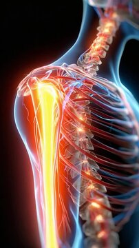 Shoulder Anatomy: A detailed, illuminated view of the human shoulder's complex structure, showcasing bones, muscles, and nerve pathways, highlighting the intricacies of the human body.