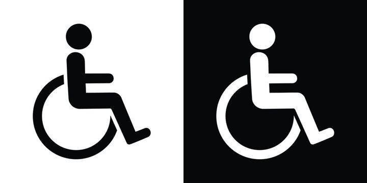Minimalist wheelchair accessibility symbol showing a person seated in a wheelchair in side profile. Clean black and white icon isolated on light and dark backgrounds, representing disability access, m