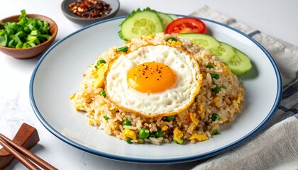 Delicious Fried Rice with Sunny-Side-Up Egg and Fresh Vegetables.