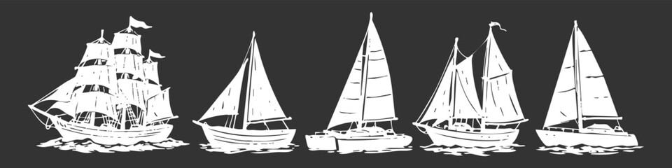 Set of white sailing boat silhouettes on a dark gray background including a tall ship, catamaran, and modern yachts. Nautical vector illustrations for maritime design and ocean travel themes. © Nort Kor