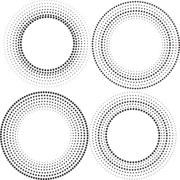 Set of circular halftone dot frames with radial gradient patterns for modern abstract backgrounds, borders and decorative design elements