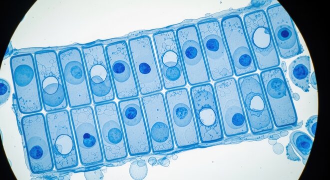 Microscopic View of Onion Epidermal Cells Stained Blue
